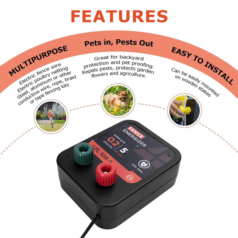 L-FENCE LYDITE FENCE Store Electric Fence Charger, 5 Mile 20 Acres Electric Fence Energizer, 0.2 Joule Ac Powered Output Voltage 5100v, for Preventing Wild Animals Intruding Great for Poultry, Pets and Gardens - Image 3